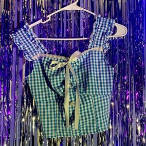 Blue and white plaid blouse with white ribbon